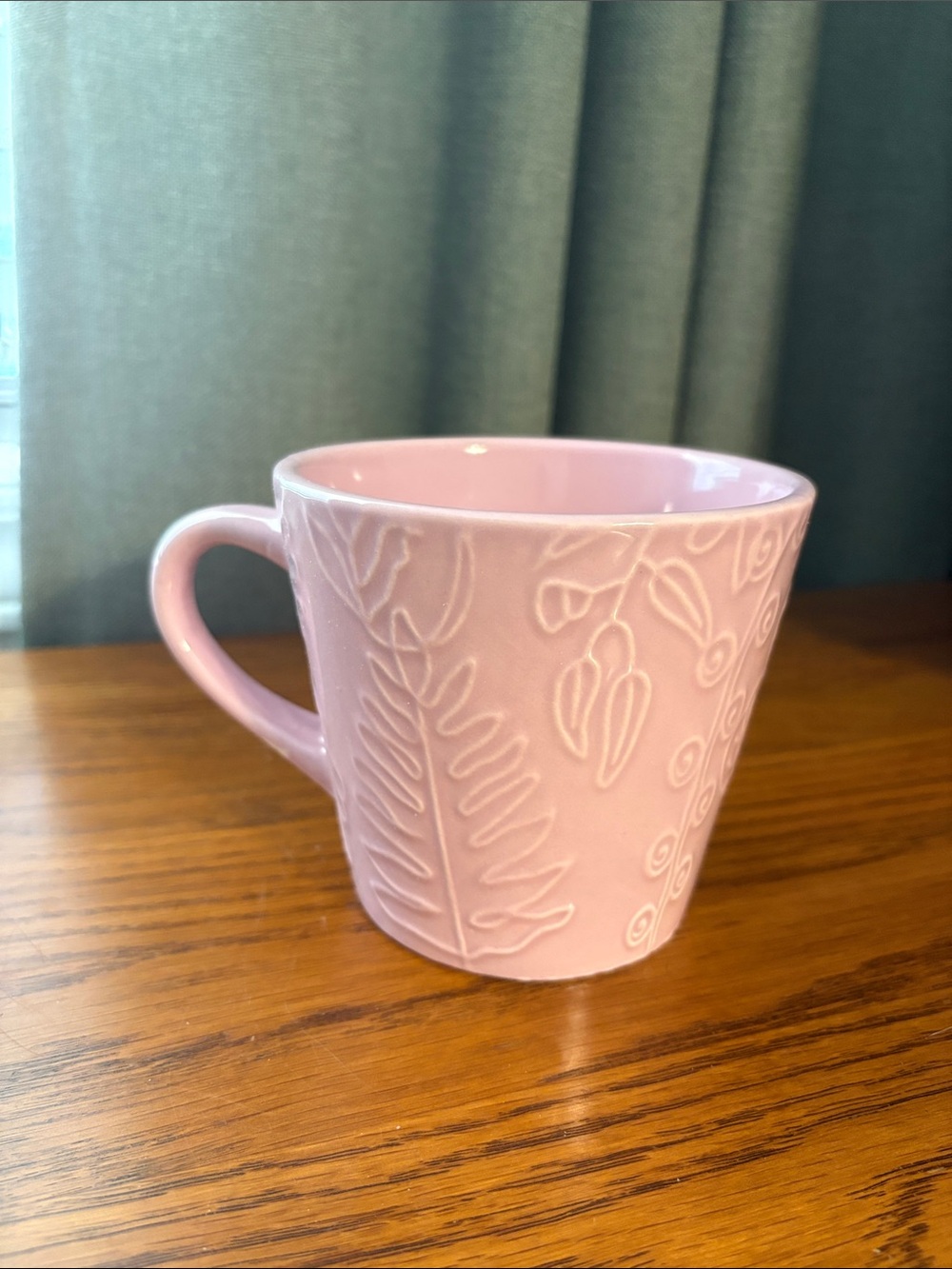 Pastel Pink Embossed Ceramic Mug with Leaf Design